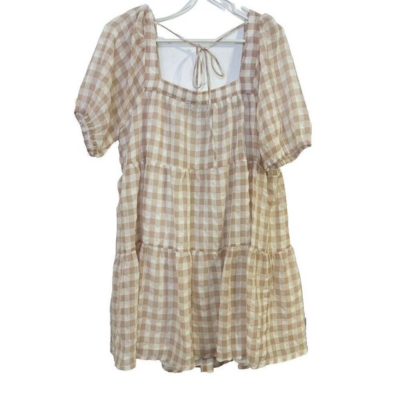 En Saison Value Mini Dress M White Rust Pink Gingham Puff Sleeve Tie Back Tiered - Picture 7 of 12
